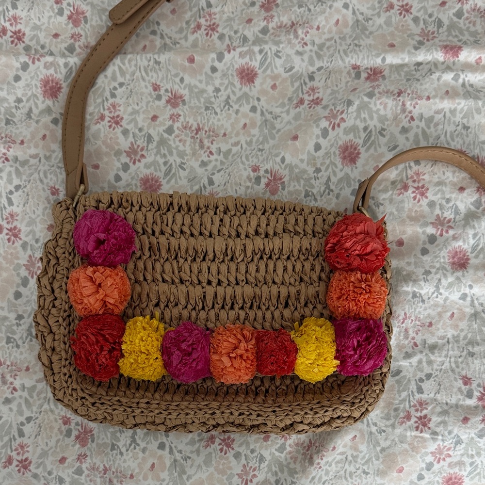 Colorful Pom-Pom Woven Women's Bag